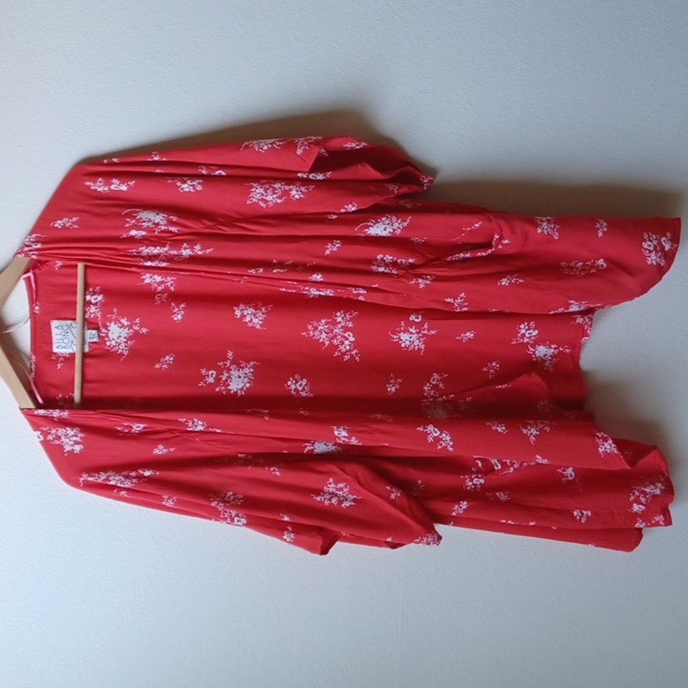 Billabong Kimono Rayon Red White Flowers Pockets BOHO Allover Floral Small